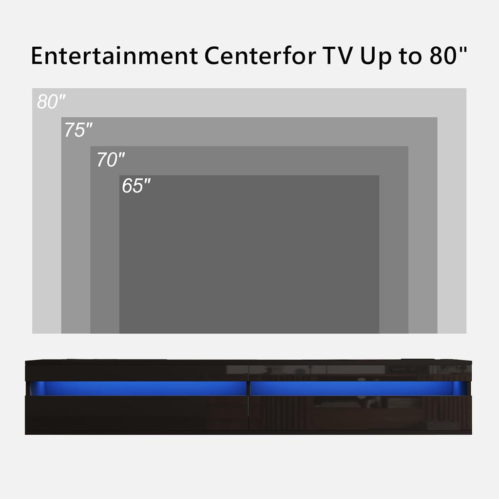Floating LED TV Stand Power Outlet Wood Console