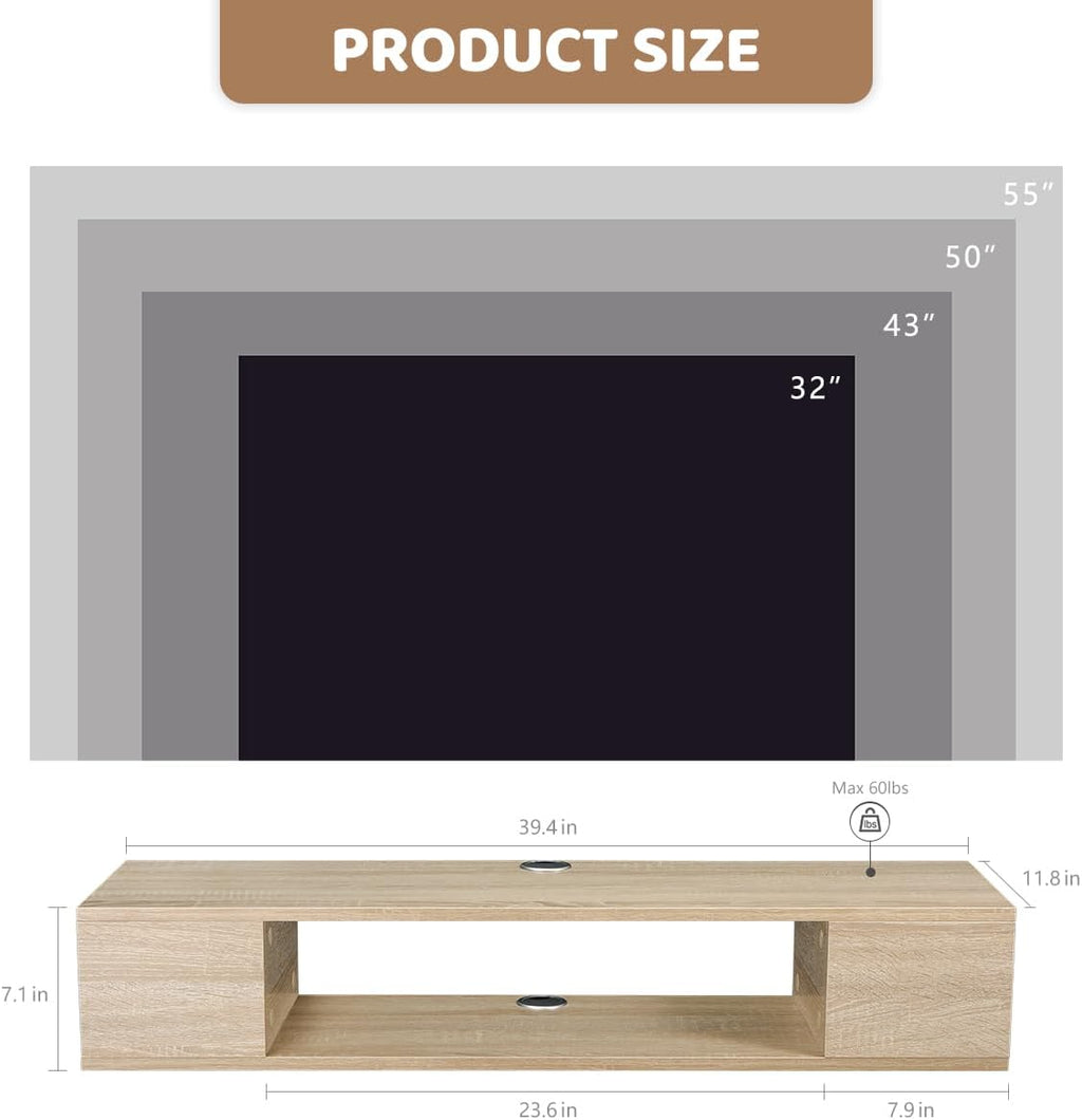 Oak Floating Wall TV Console Storage Cabinet Shelf