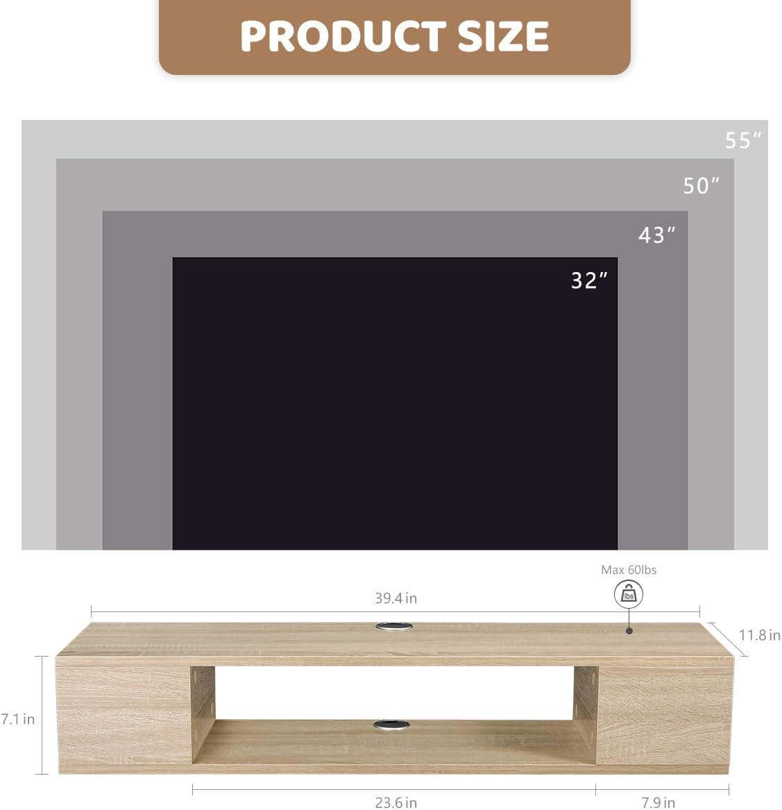 Oak Floating Wall TV Console Storage Cabinet Shelf
