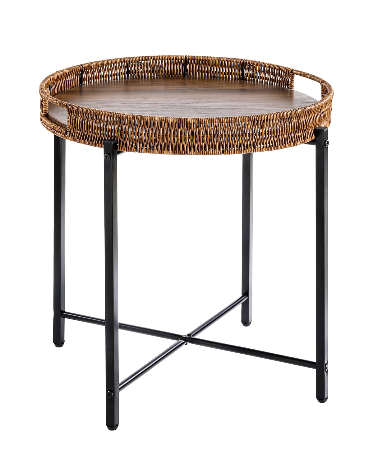 Round Rattan Side Table Wooden Top Indoor Outdoor Furniture