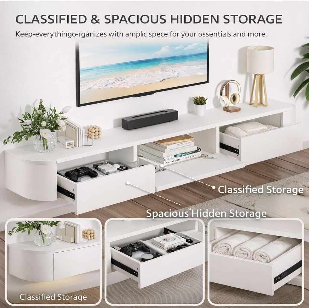 Oak LED Floating TV Console Storage Drawer Shelf