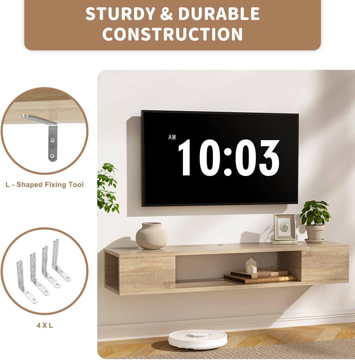 Oak Floating Wall TV Console Storage Cabinet Shelf