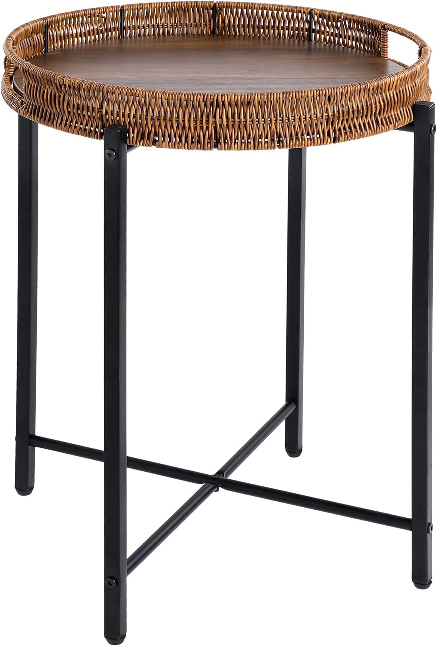 Round Rattan Side Table Wooden Top Indoor Outdoor Furniture