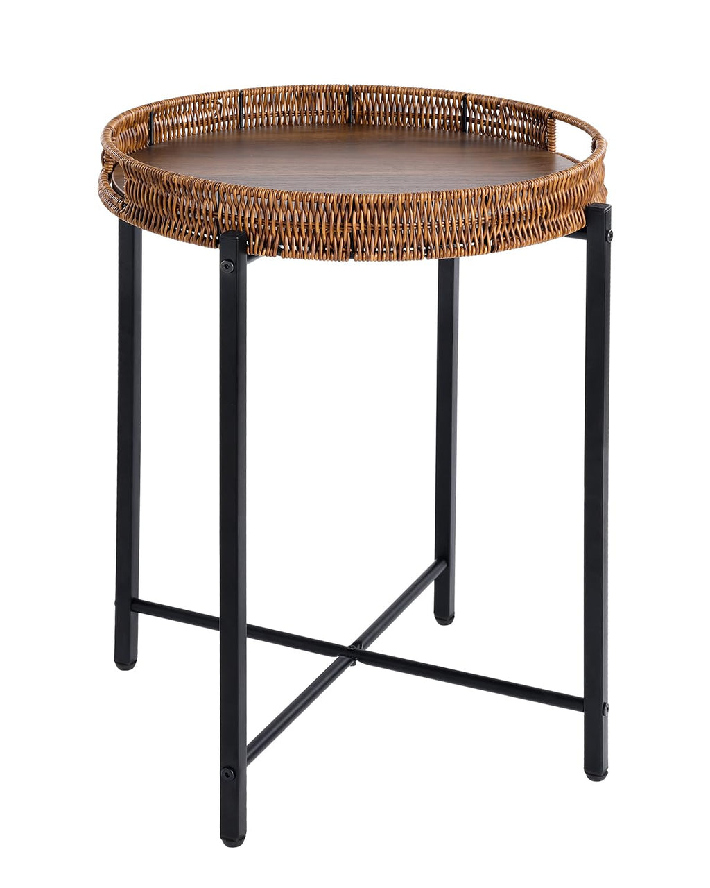 Round Rattan Side Table Wooden Top Indoor Outdoor Furniture