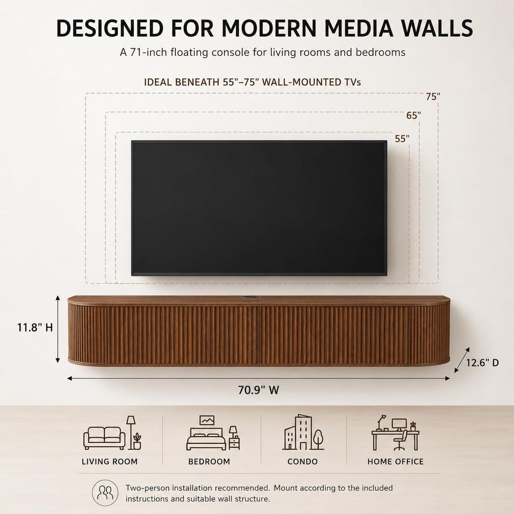 Walnut Fluted Floating TV Console Soft Close Doors