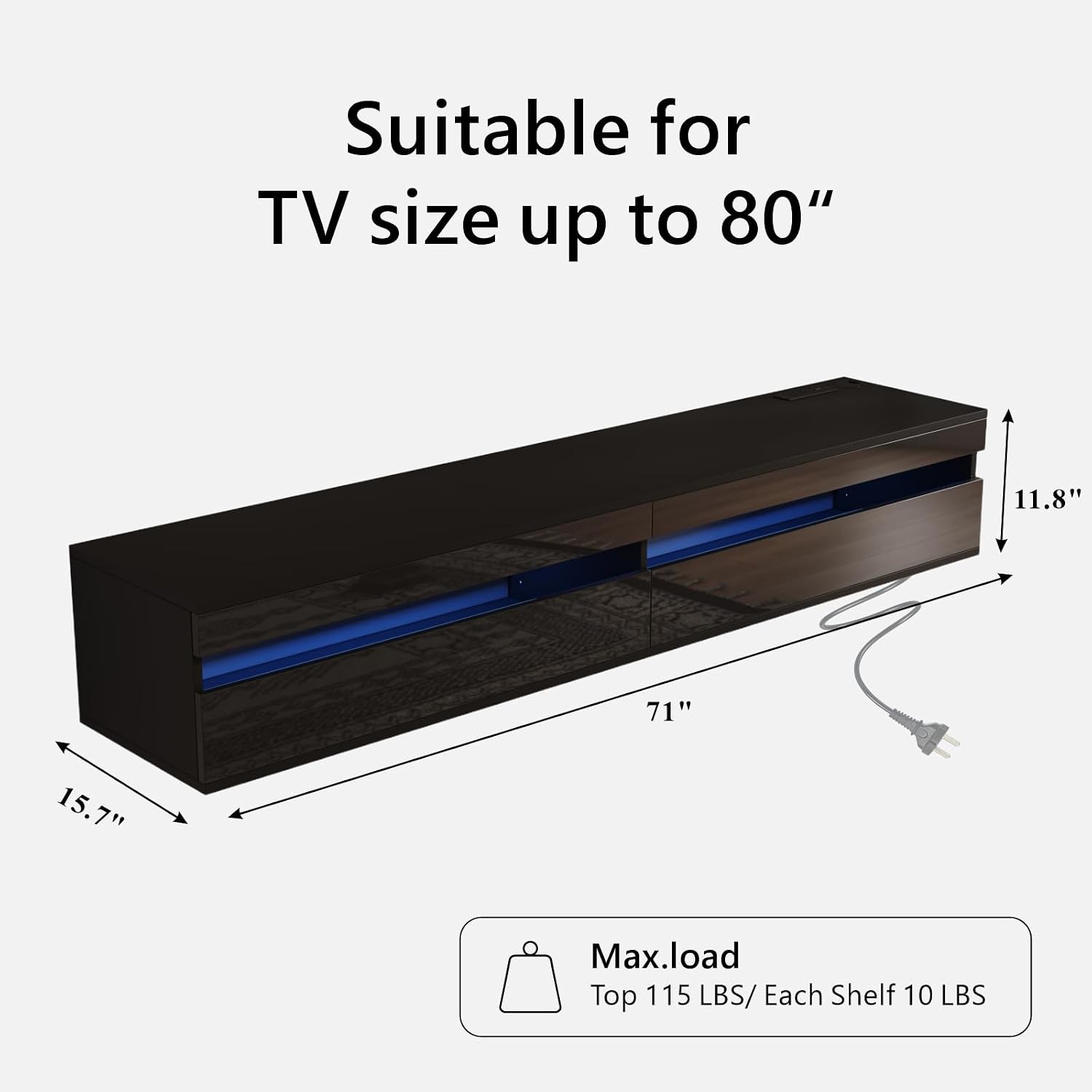 Floating LED TV Stand Power Outlet Wood Console