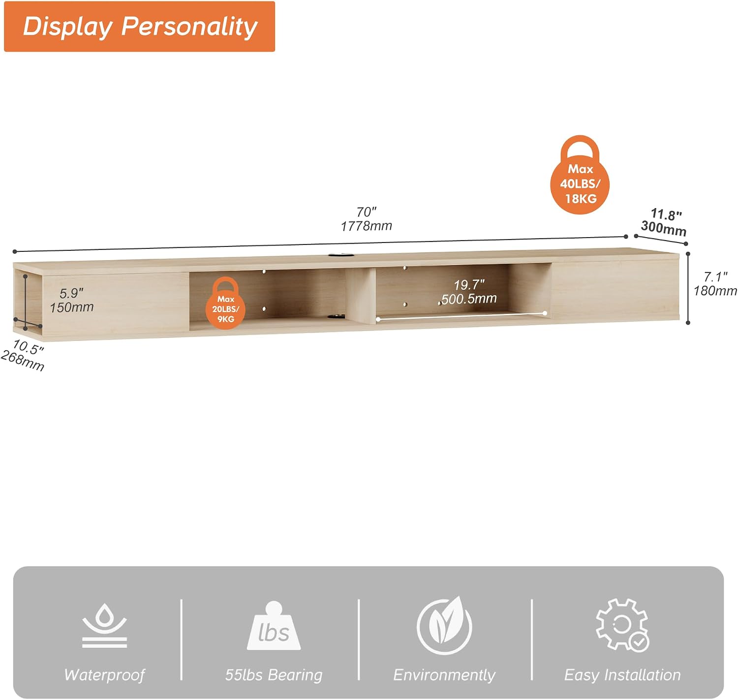 Oak Floating Media Console Open Storage TV Shelf