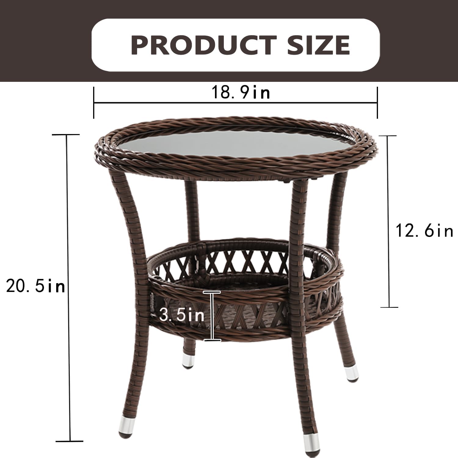 Brown Rattan Round Side Table Glass Top Patio Furniture