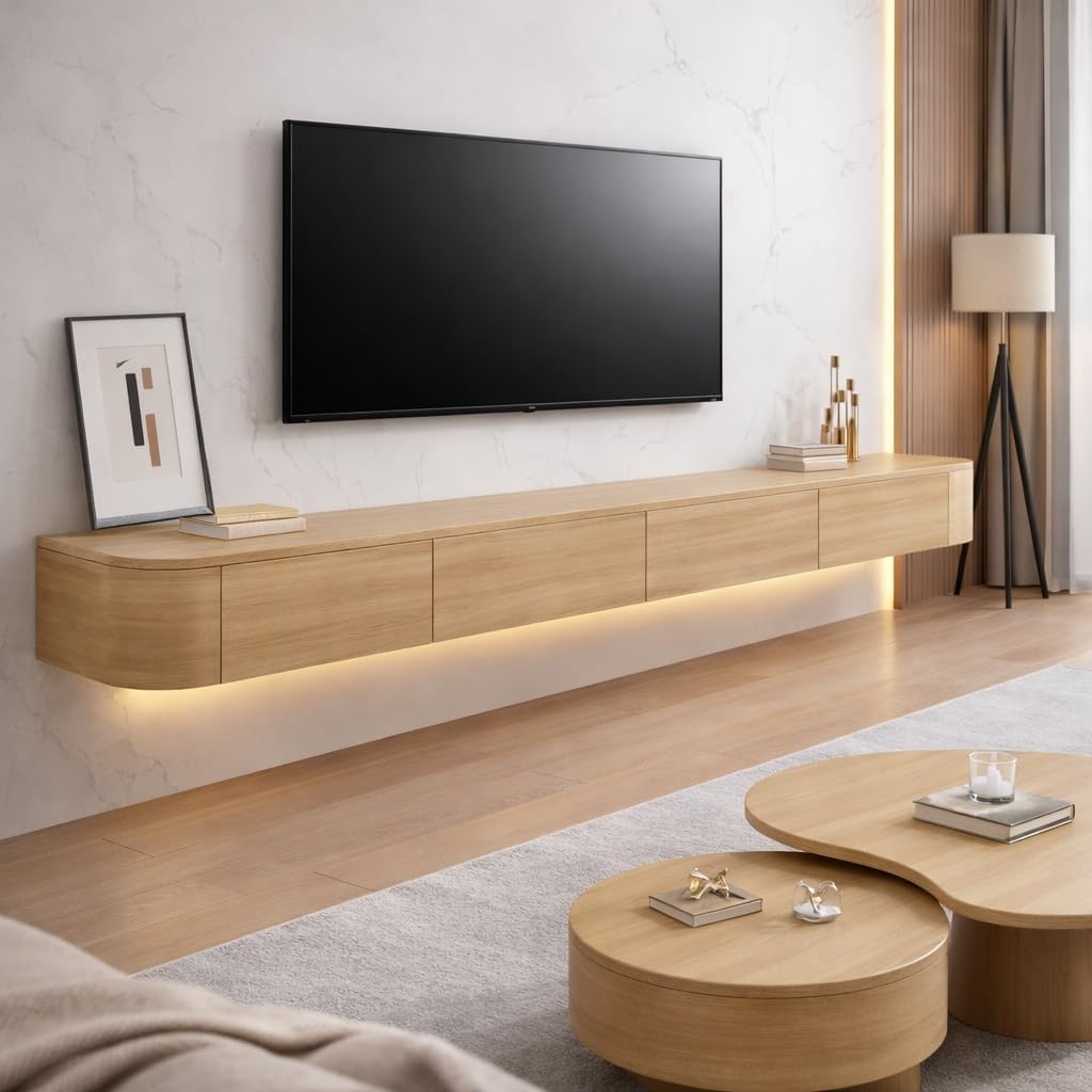 Oak LED Floating TV Console Storage Drawer Shelf