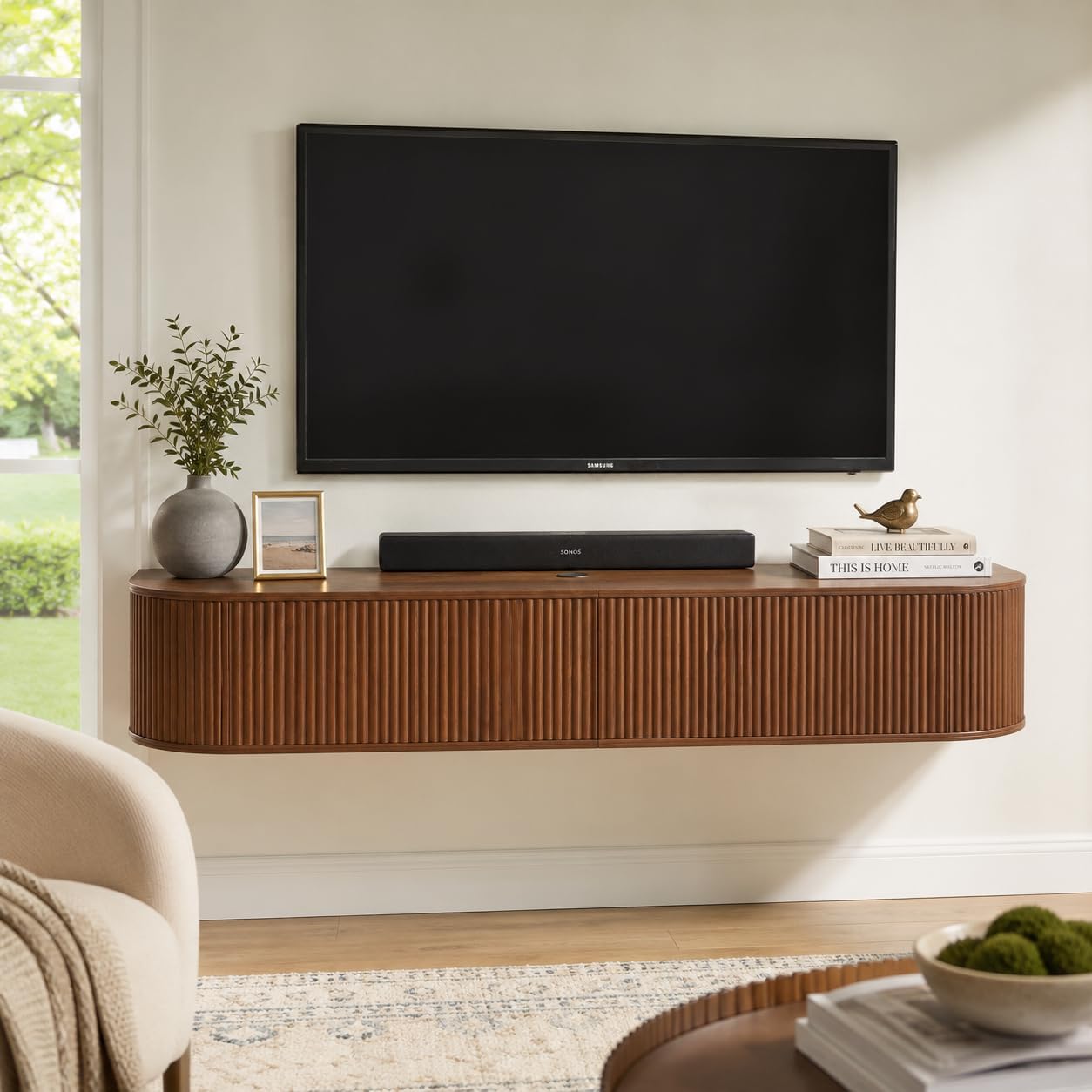 Walnut Fluted Floating TV Console Soft Close Doors