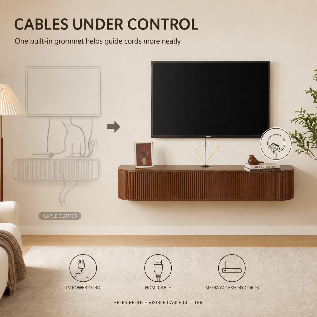 Walnut Fluted Floating TV Console Soft Close Doors