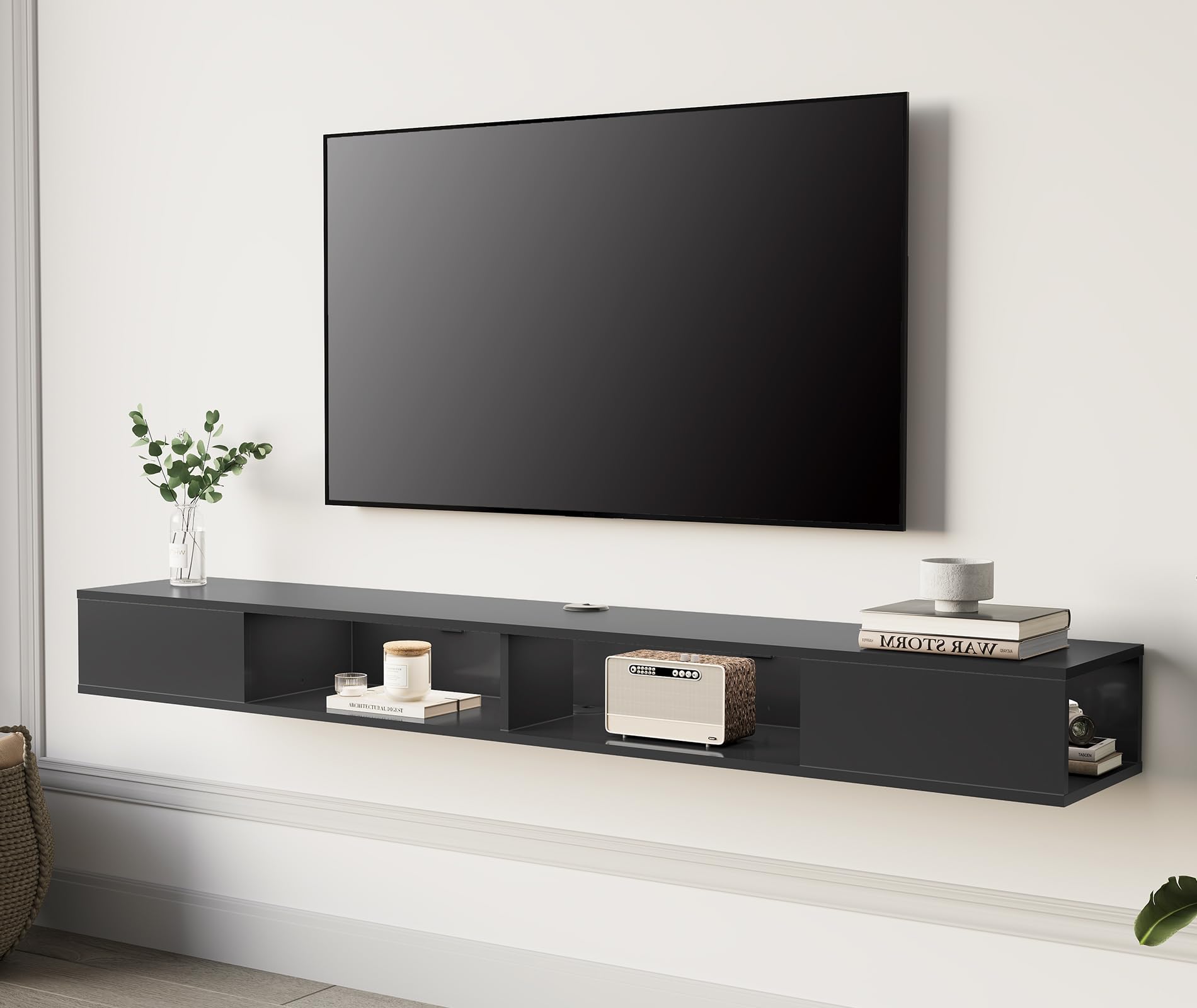 Oak Floating Media Console Open Storage TV Shelf