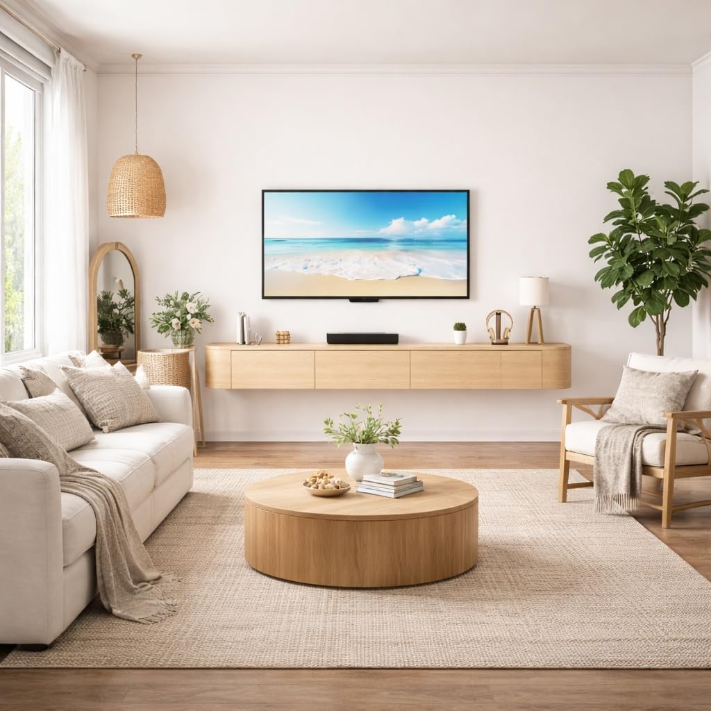 Oak LED Floating TV Console Storage Drawer Shelf