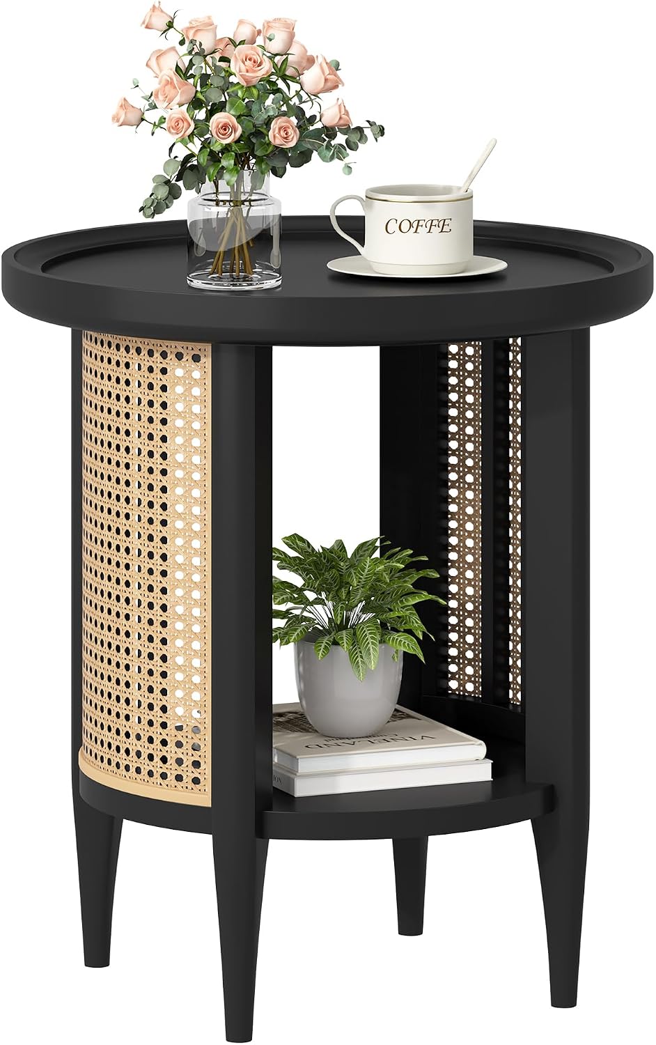 Black Rattan Round Side Table 2 Tier Home Furniture