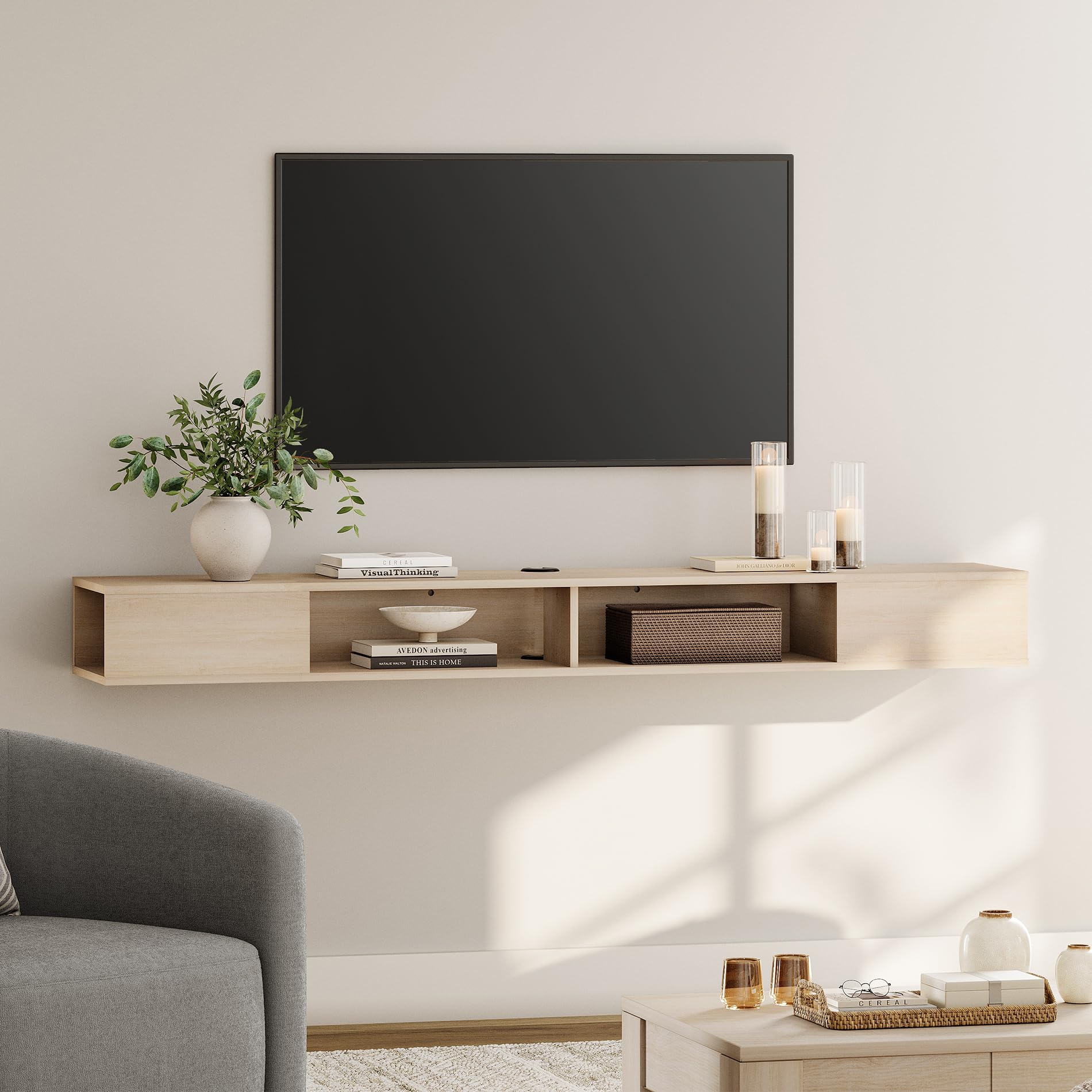 Oak Floating Media Console Open Storage TV Shelf