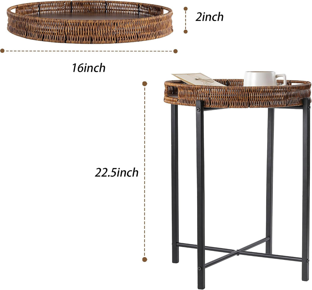 Round Rattan Side Table Wooden Top Indoor Outdoor Furniture