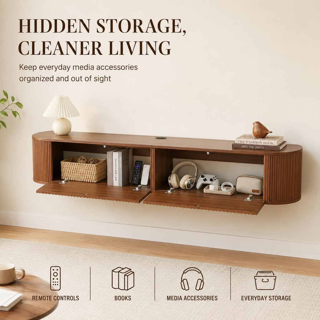 Walnut Fluted Floating TV Console Soft Close Doors