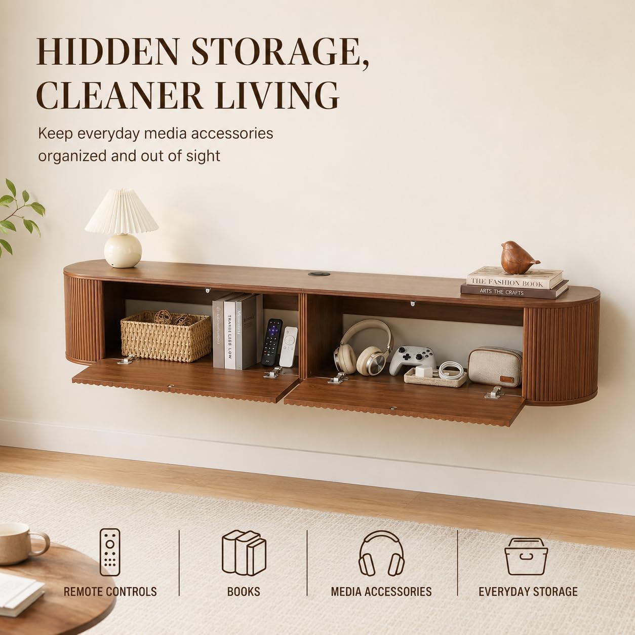 Walnut Fluted Floating TV Console Soft Close Doors