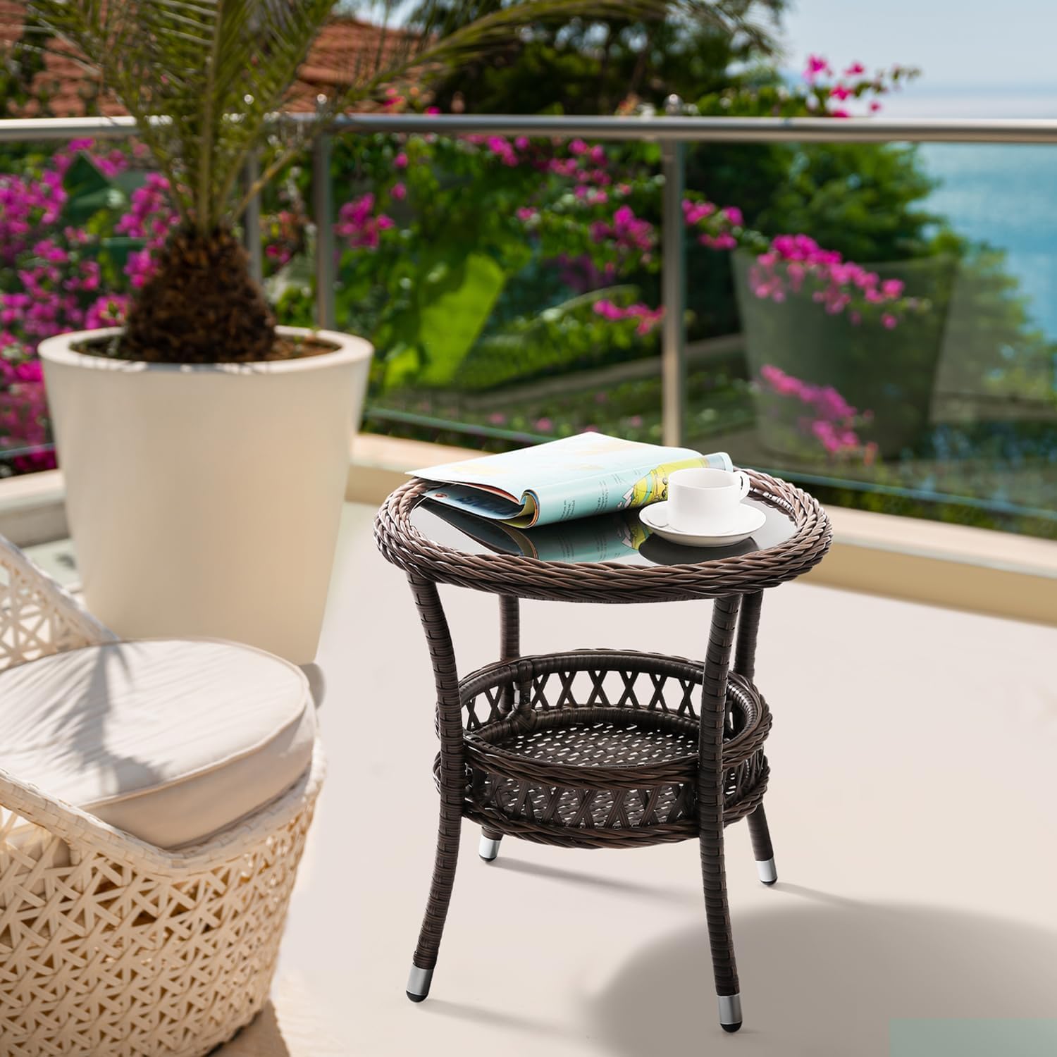Brown Rattan Round Side Tables 2 Pack Patio Furniture