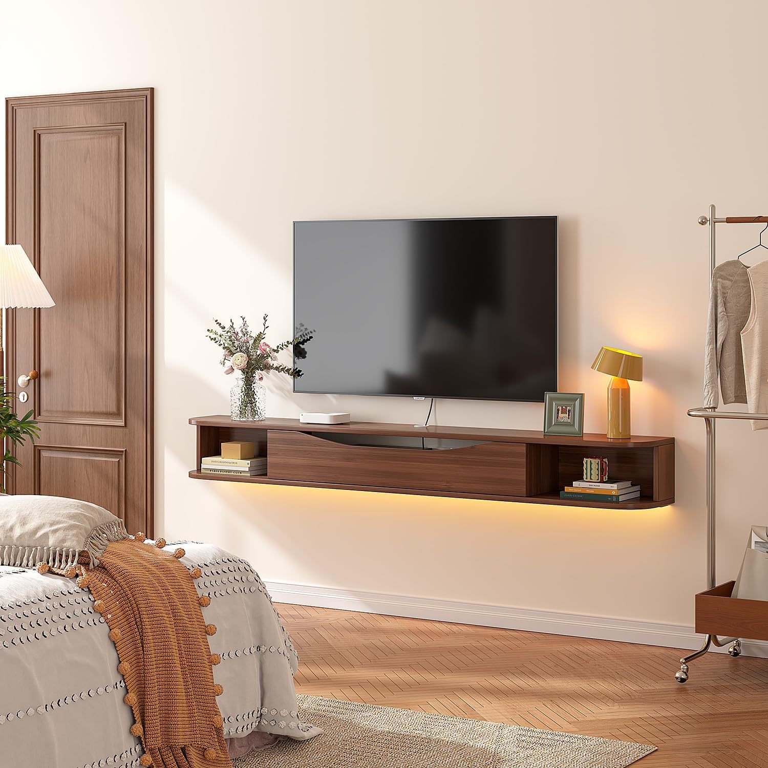 Walnut Floating Wall Mount TV Storage Console Cabinet