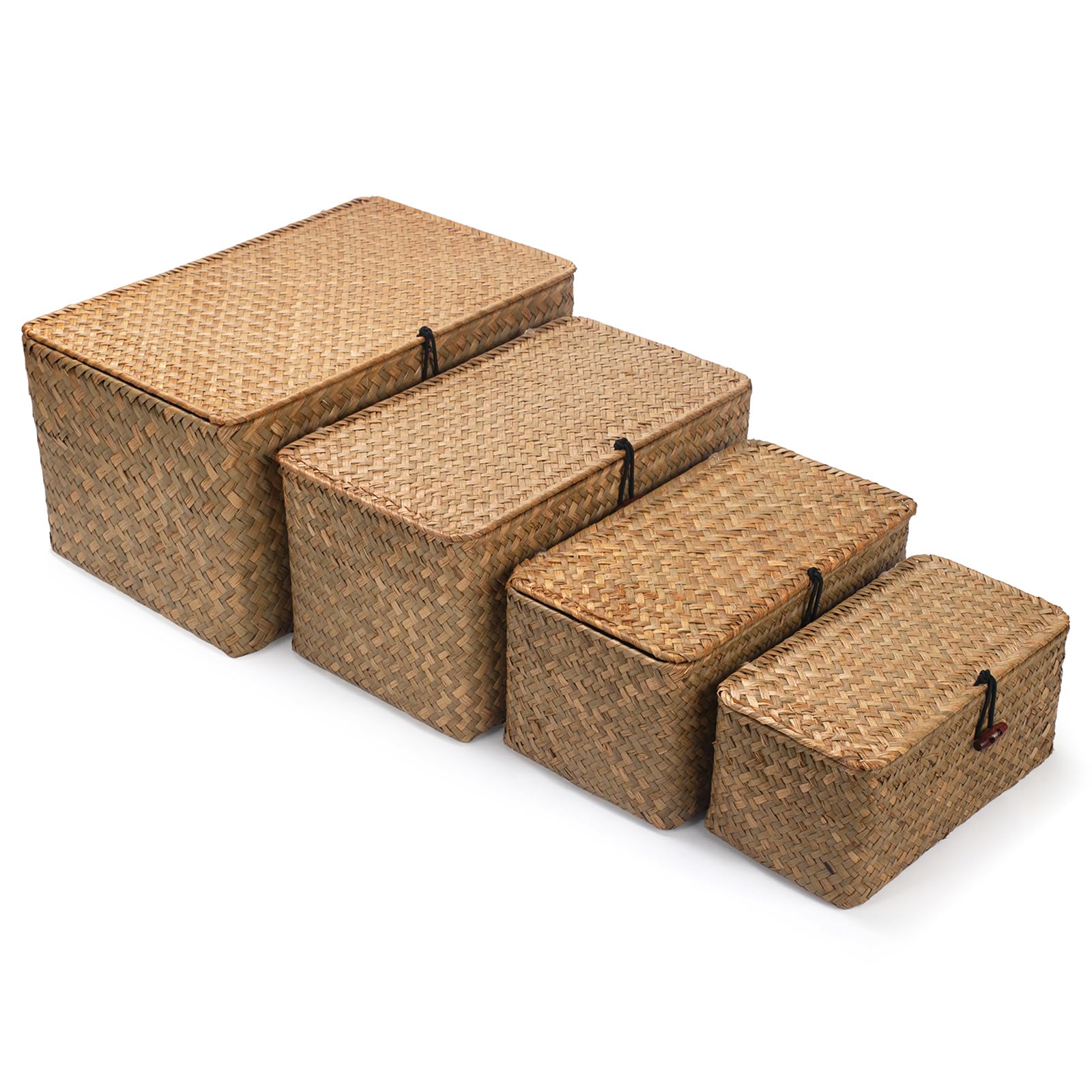Natural Lidded Seagrass Woven Storage Organizer Baskets