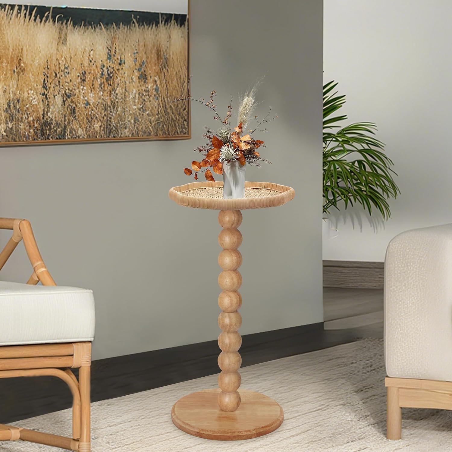 Rattan Flower Wooden Side Table