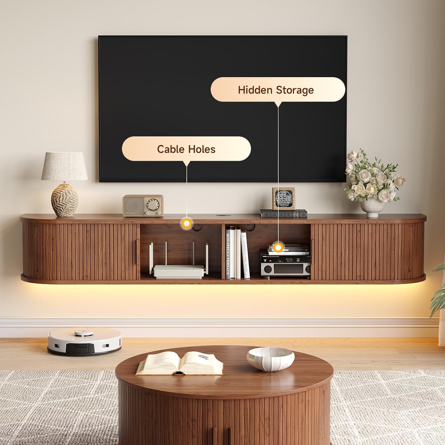Walnut Fluted LED TV Stand Power Outlet Console