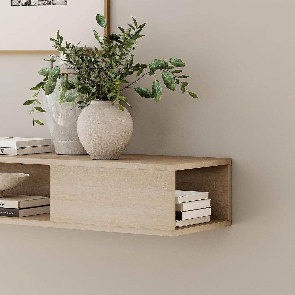 Oak Floating Media Console Open Storage TV Shelf