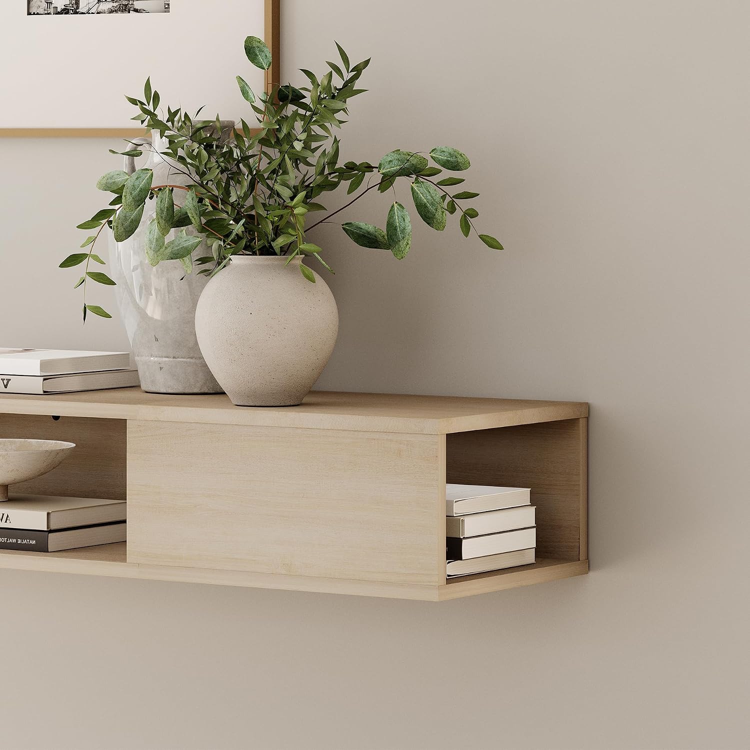 Oak Floating Media Console Open Storage TV Shelf