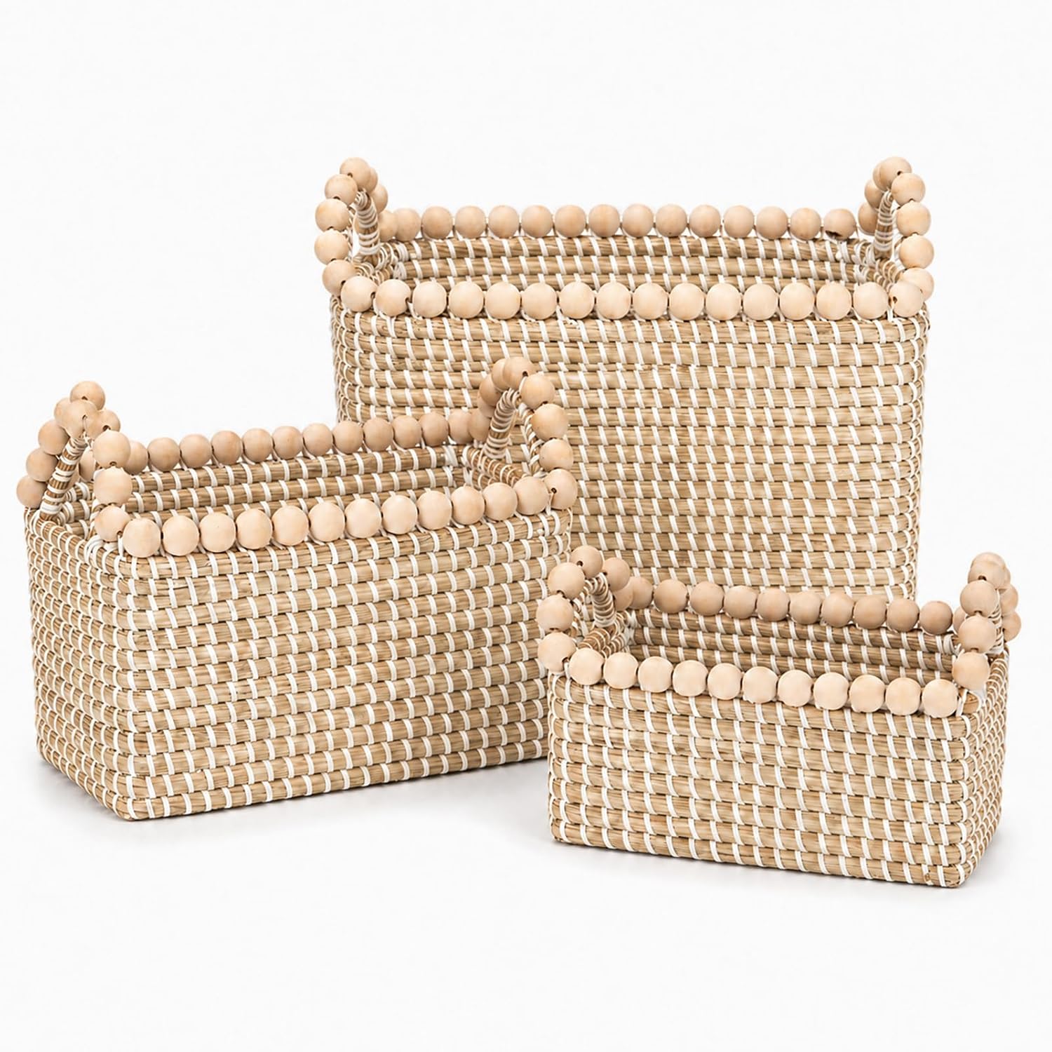 Beaded Handle Seagrass Baskets 3 Pack Home Storage Bins