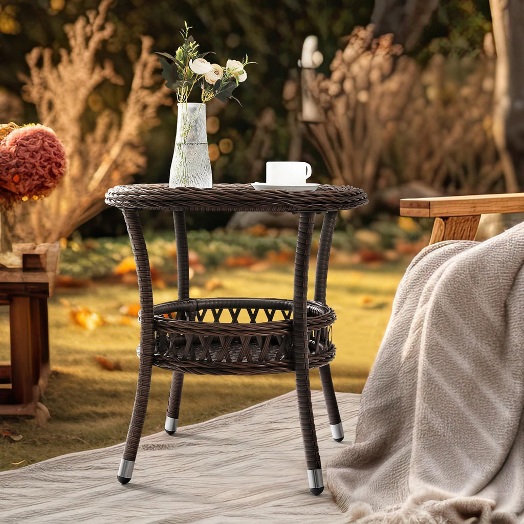 Brown Rattan Round Side Table Glass Top Patio Furniture