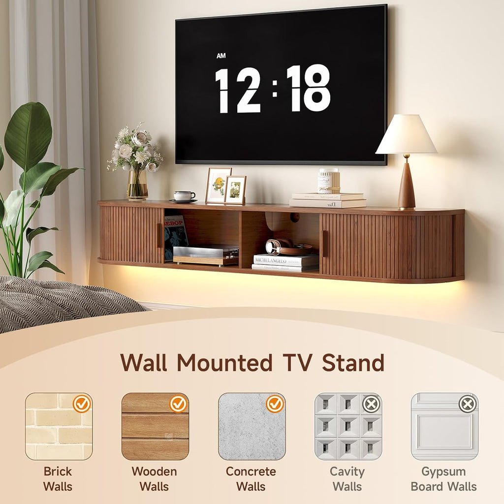 Walnut Fluted LED TV Stand Power Outlet Console