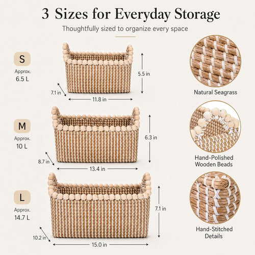 Beaded Handle Seagrass Baskets 3 Pack Home Storage Bins
