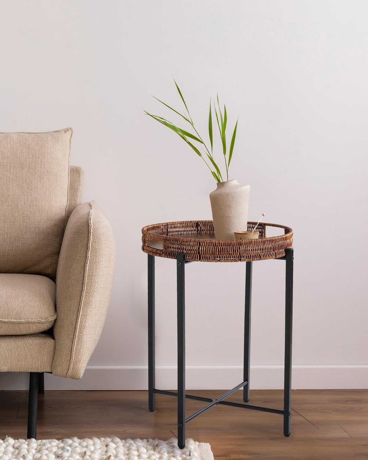 Round Rattan Side Table Wooden Top Indoor Outdoor Furniture