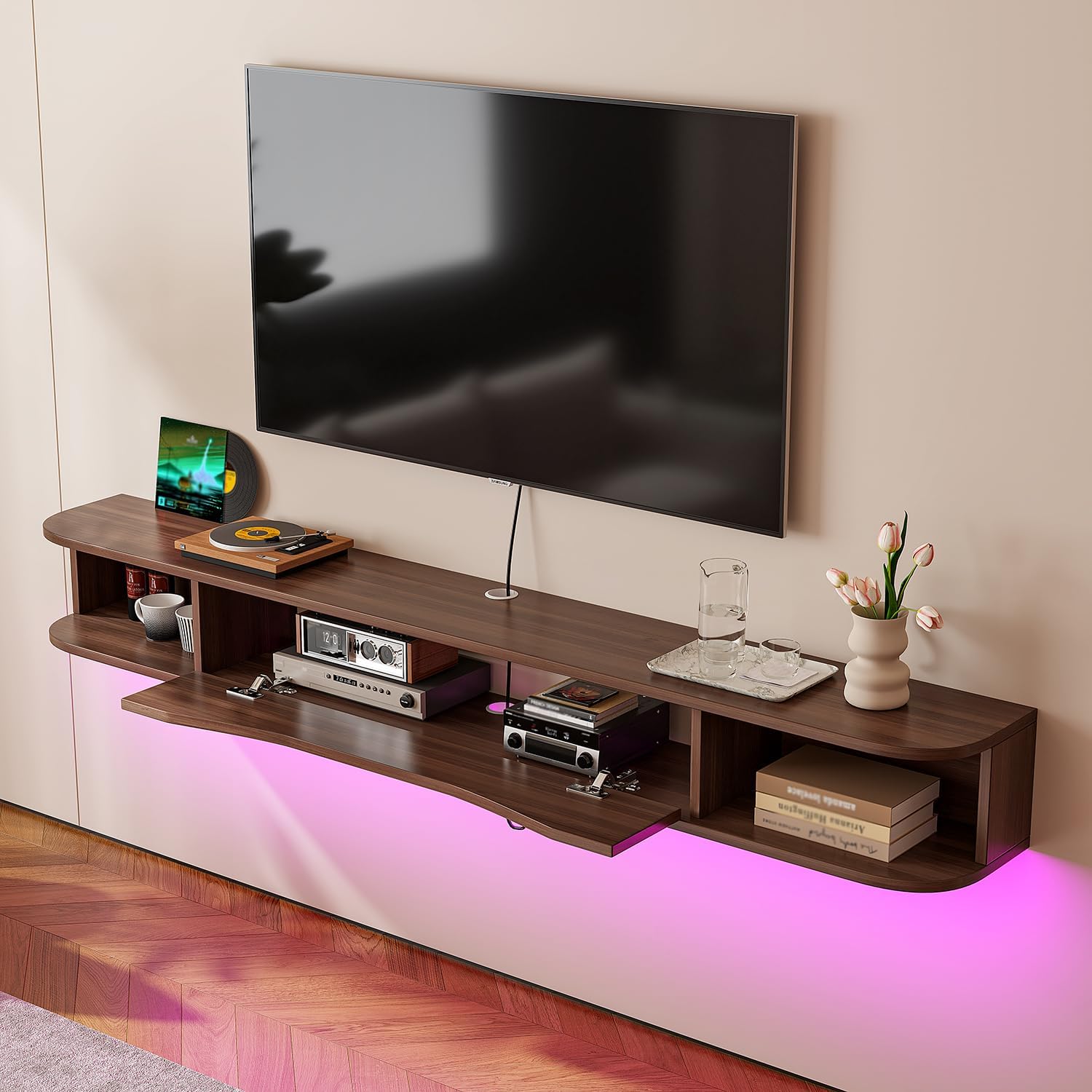 Walnut Floating Wall Mount TV Storage Console Cabinet