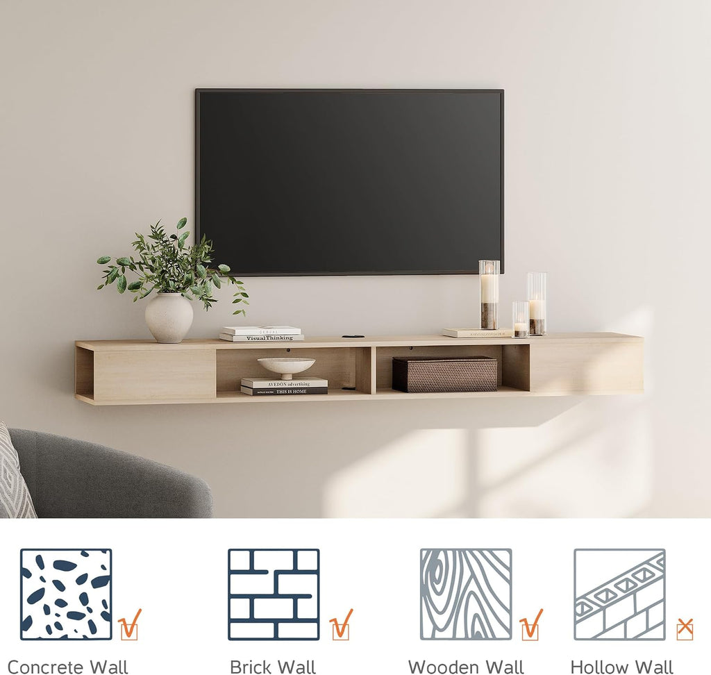 Oak Floating Media Console Open Storage TV Shelf