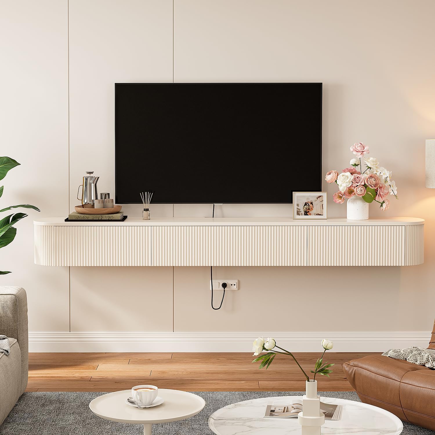 Off White Floating TV Stand Drawer Wall Console