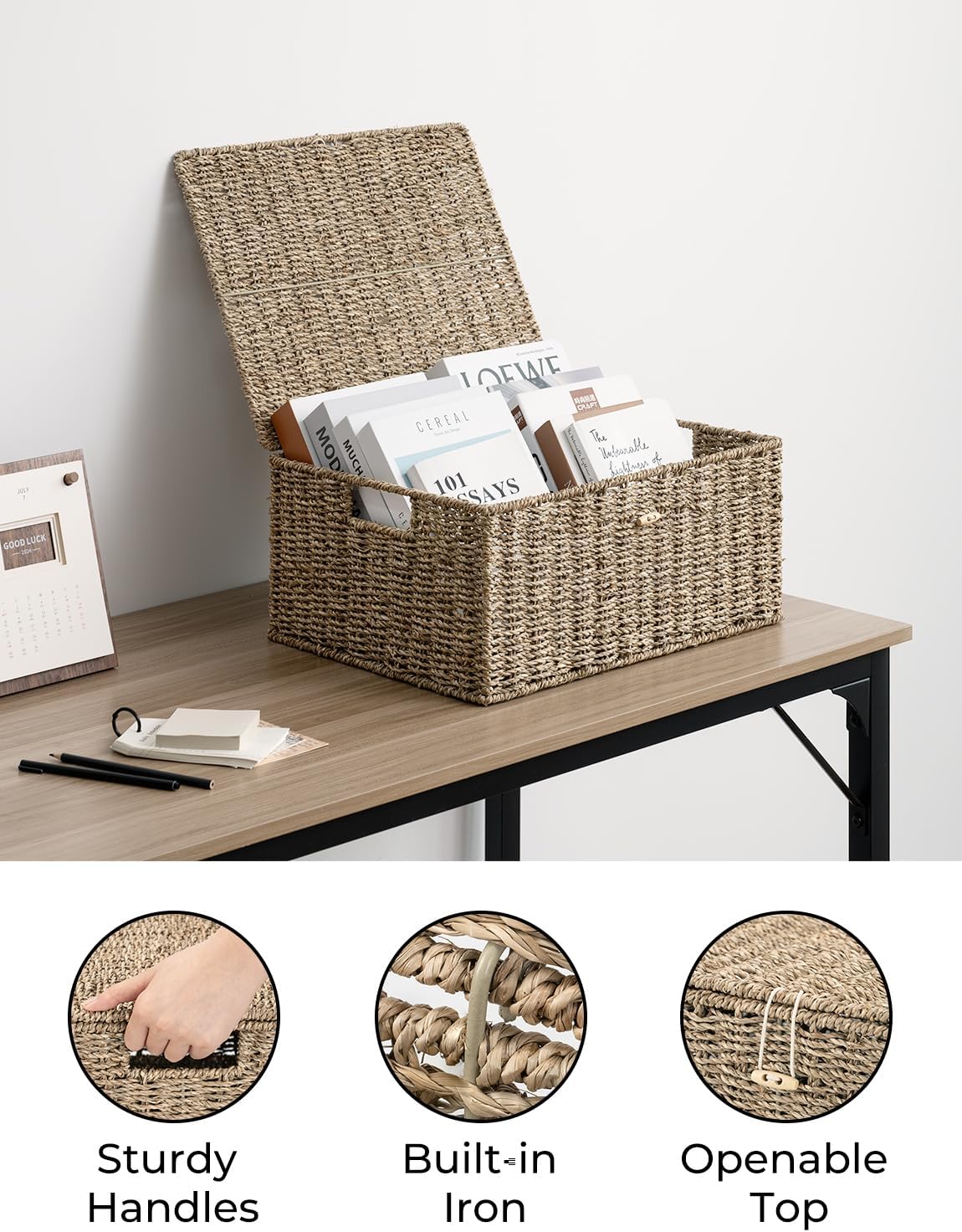Lidded Seagrass Baskets Handles Shelf Storage Organizer