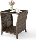 Rattan Glass Top Side Table Storage Patio Garden Furniture