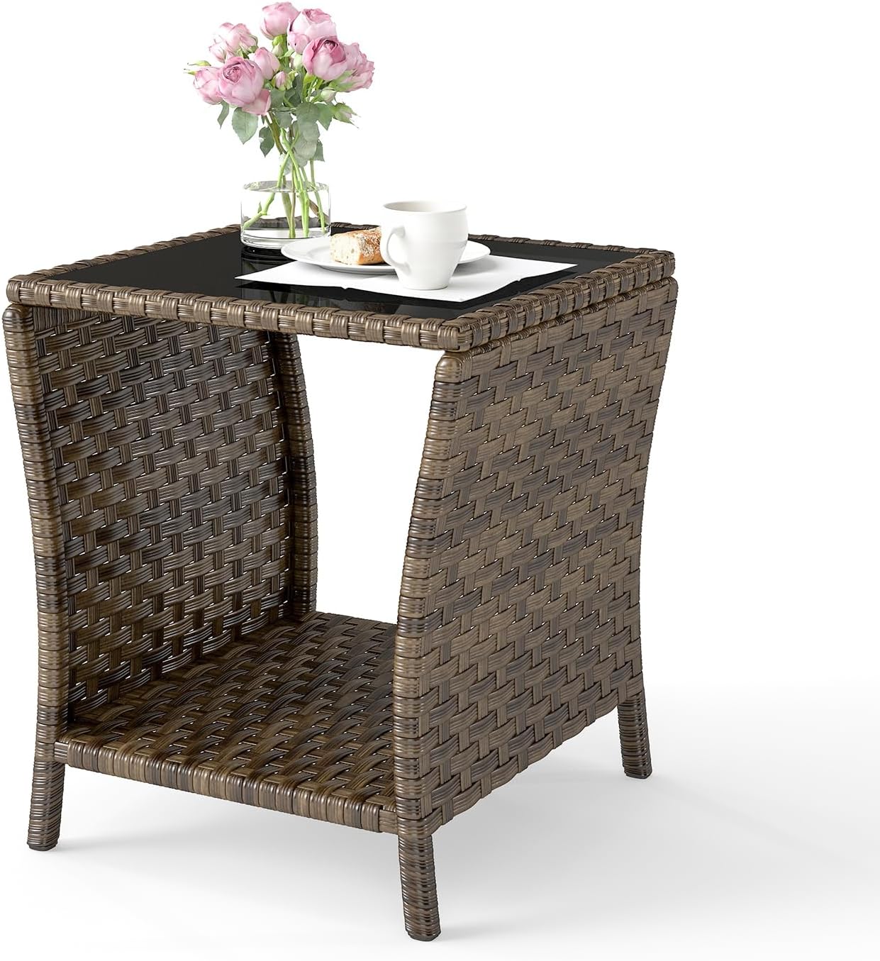 Rattan Glass Top Side Table Storage Patio Garden Furniture