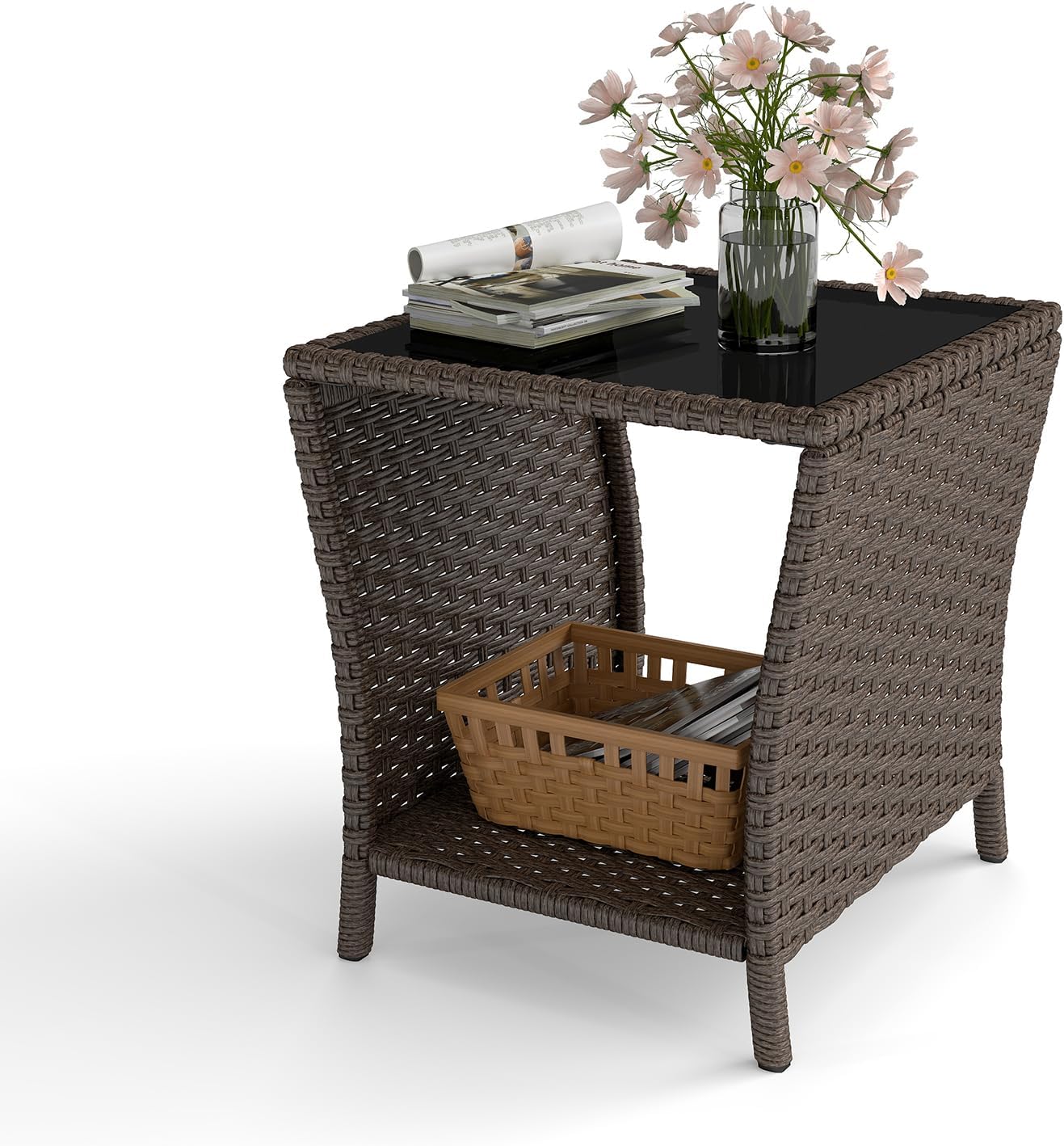 Wicker Glass Top Side Table