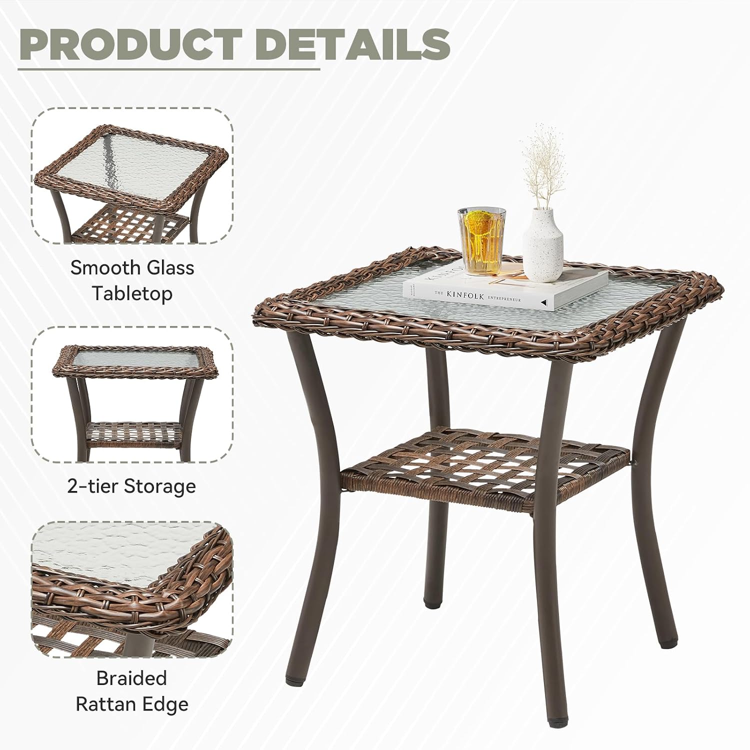 Brown Wicker Square Side Table Outdoor Patio Furniture