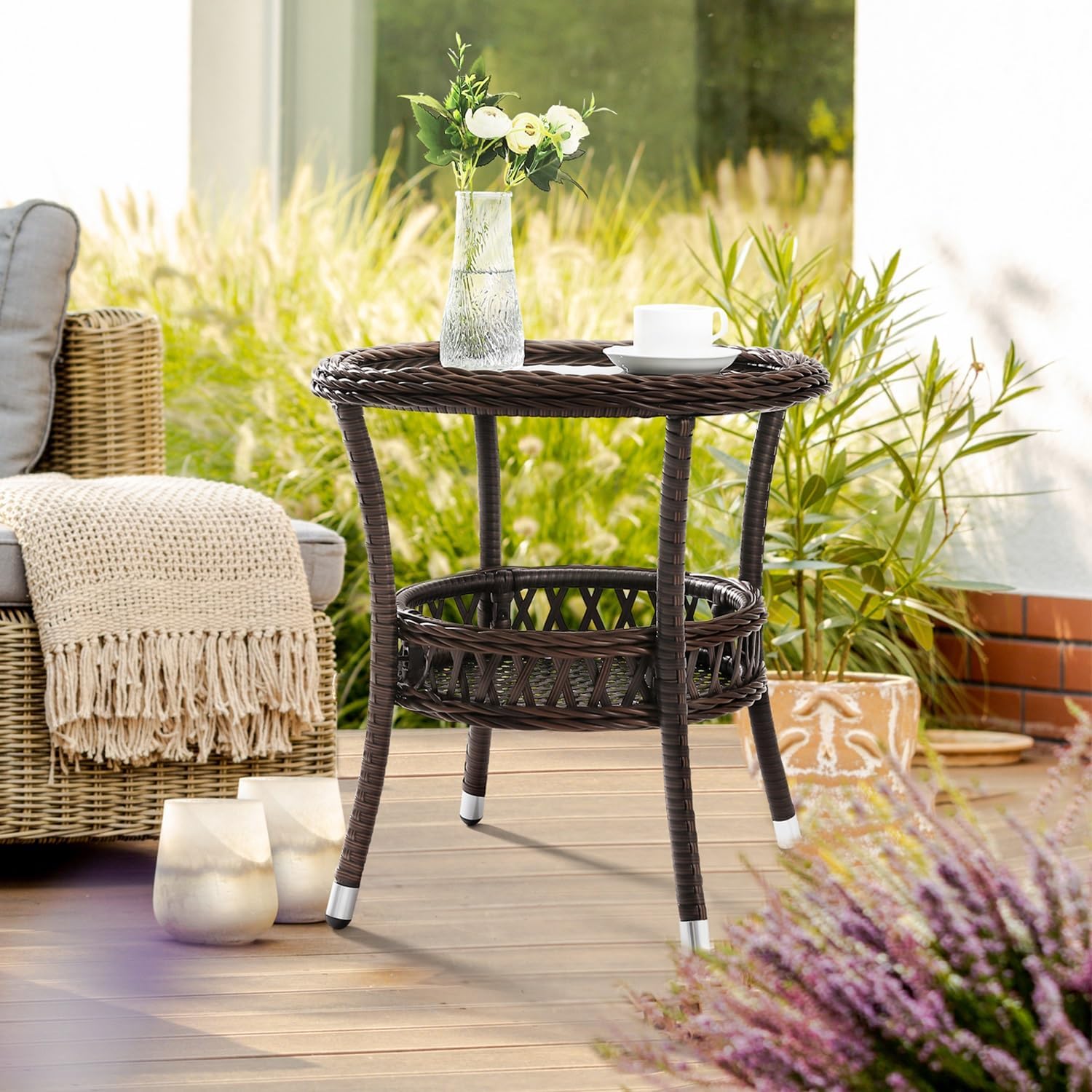 Brown Rattan Round Side Table Glass Top Patio Furniture