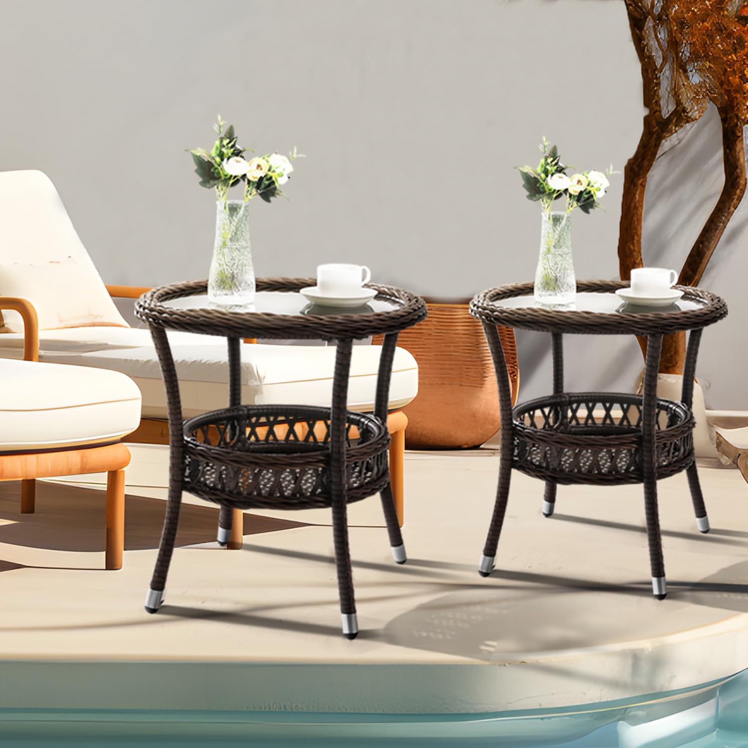Brown Rattan Round Side Tables 2 Pack Patio Furniture