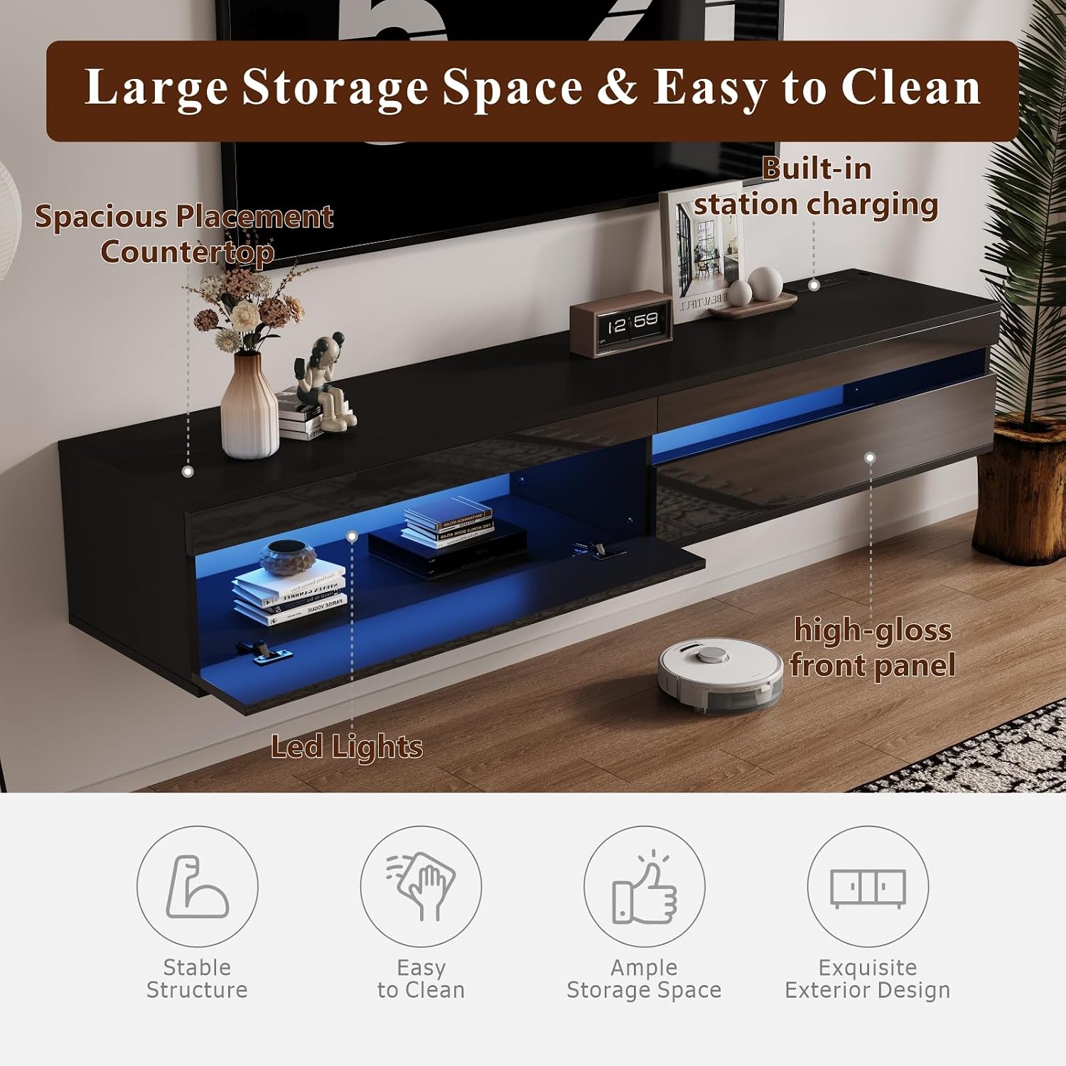 Floating LED TV Stand Power Outlet Wood Console