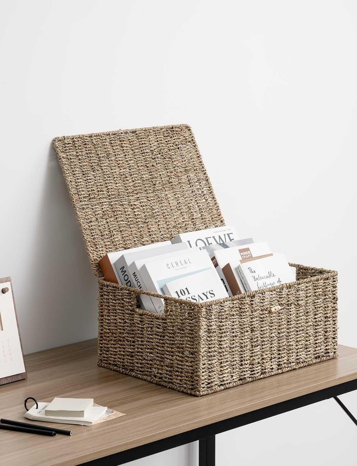Lidded Seagrass Baskets Handles Shelf Storage Organizer