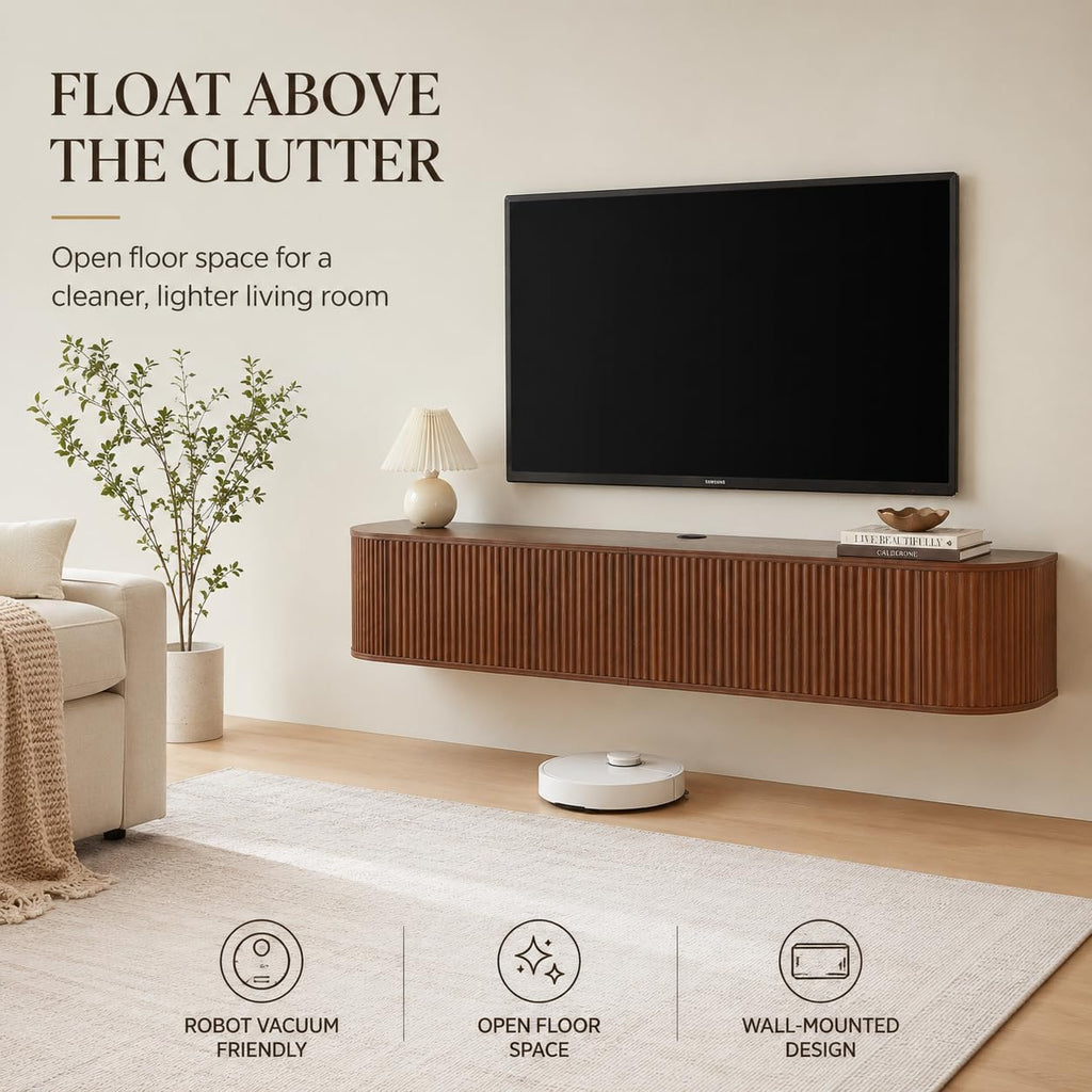 Walnut Fluted Floating TV Console Soft Close Doors