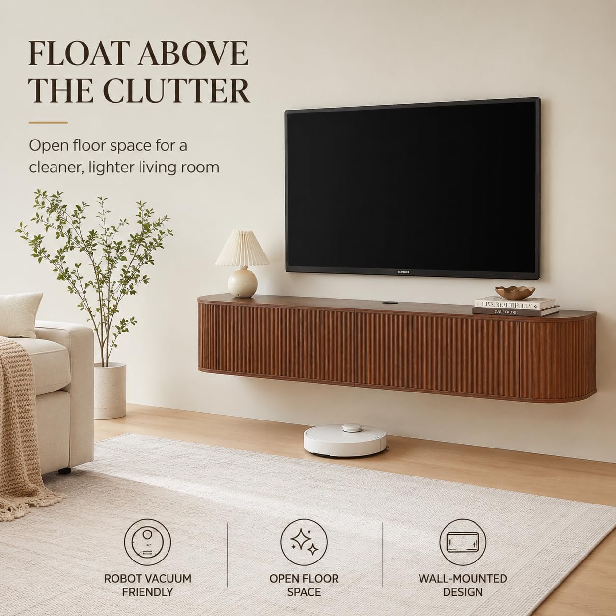 Walnut Fluted Floating TV Console Soft Close Doors