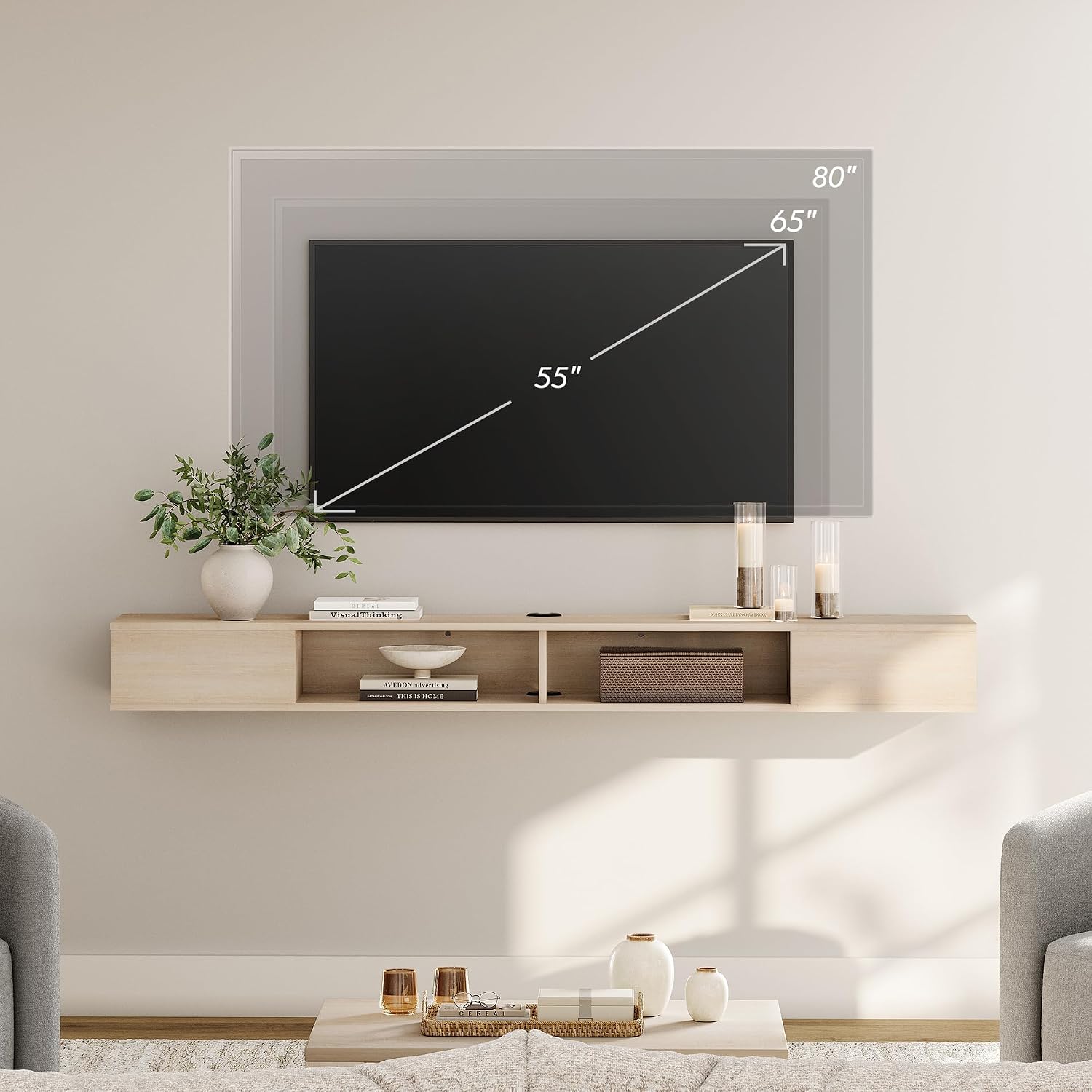 Oak Floating Media Console Open Storage TV Shelf
