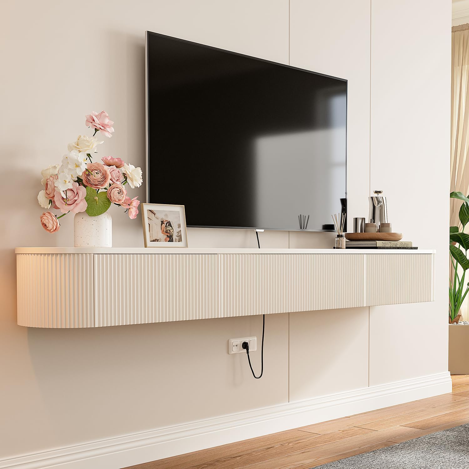Off White Floating TV Stand Drawer Wall Console